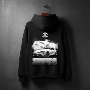 Yaveddra Toyota Supra MK5 Graphic Oversized Hoodie – Black luxury streetwear hoodie with bold Supra car print