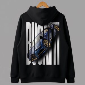 Yaveddra Bugatti Zip Hoodie in black featuring a blue Bugatti supercar graphic and bold BUGATTI text on the back.