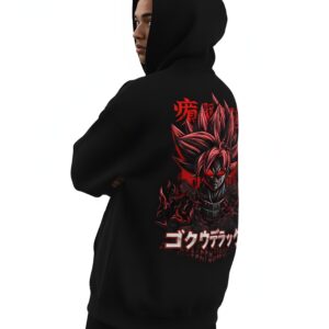 Black Oversized Anime Streetwear Hoodie with Goku Inspired Graphic by Yaveddra
