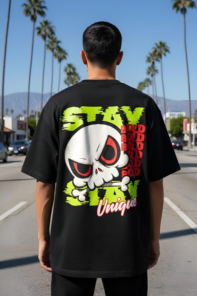 Oversized T-Shirts by Yaveddra with skull graphic and Stay Bold Stay Unique print