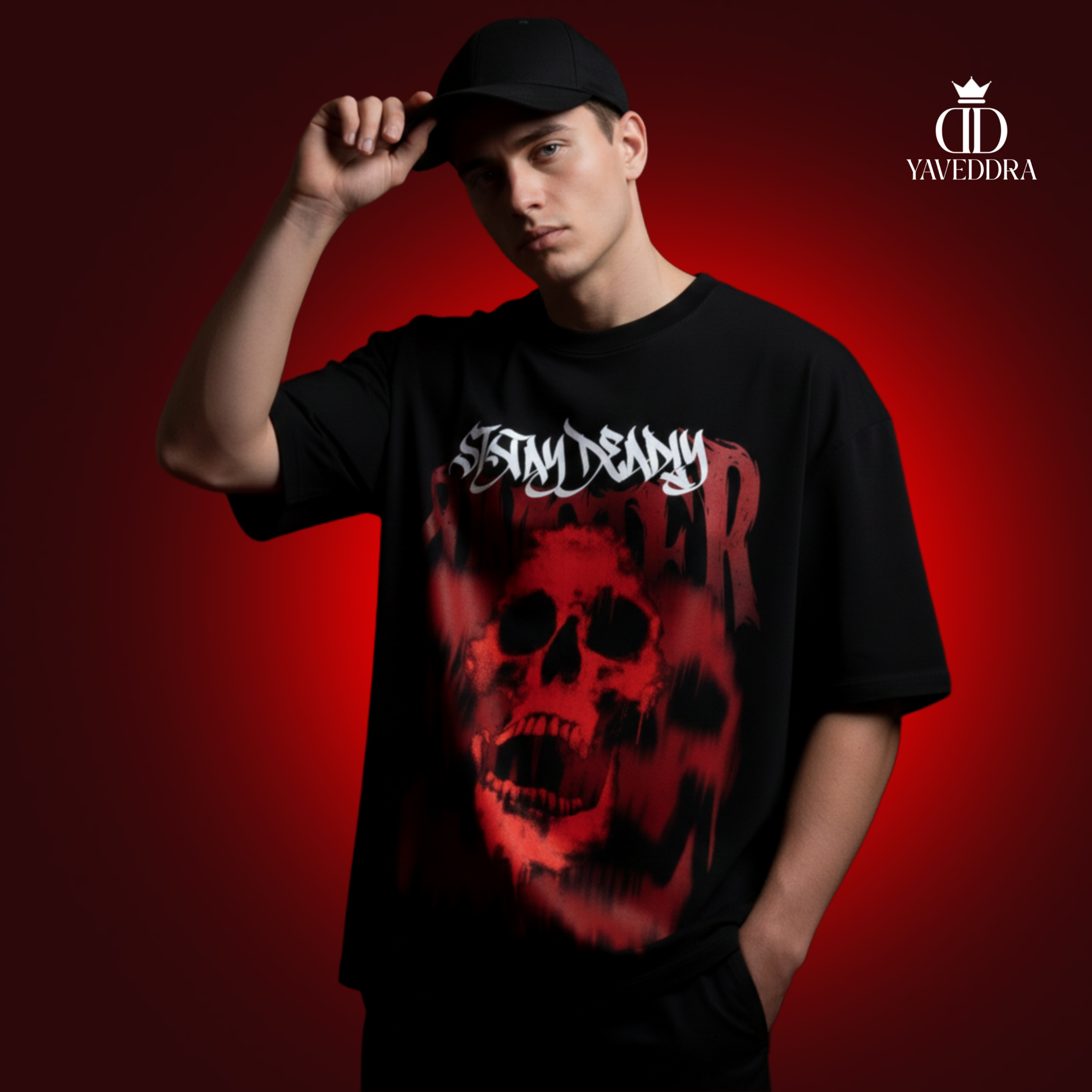 DTF Print Close-Up – Red Skull Graphic Red skull DTF print on oversized t-shirt 180 GSM